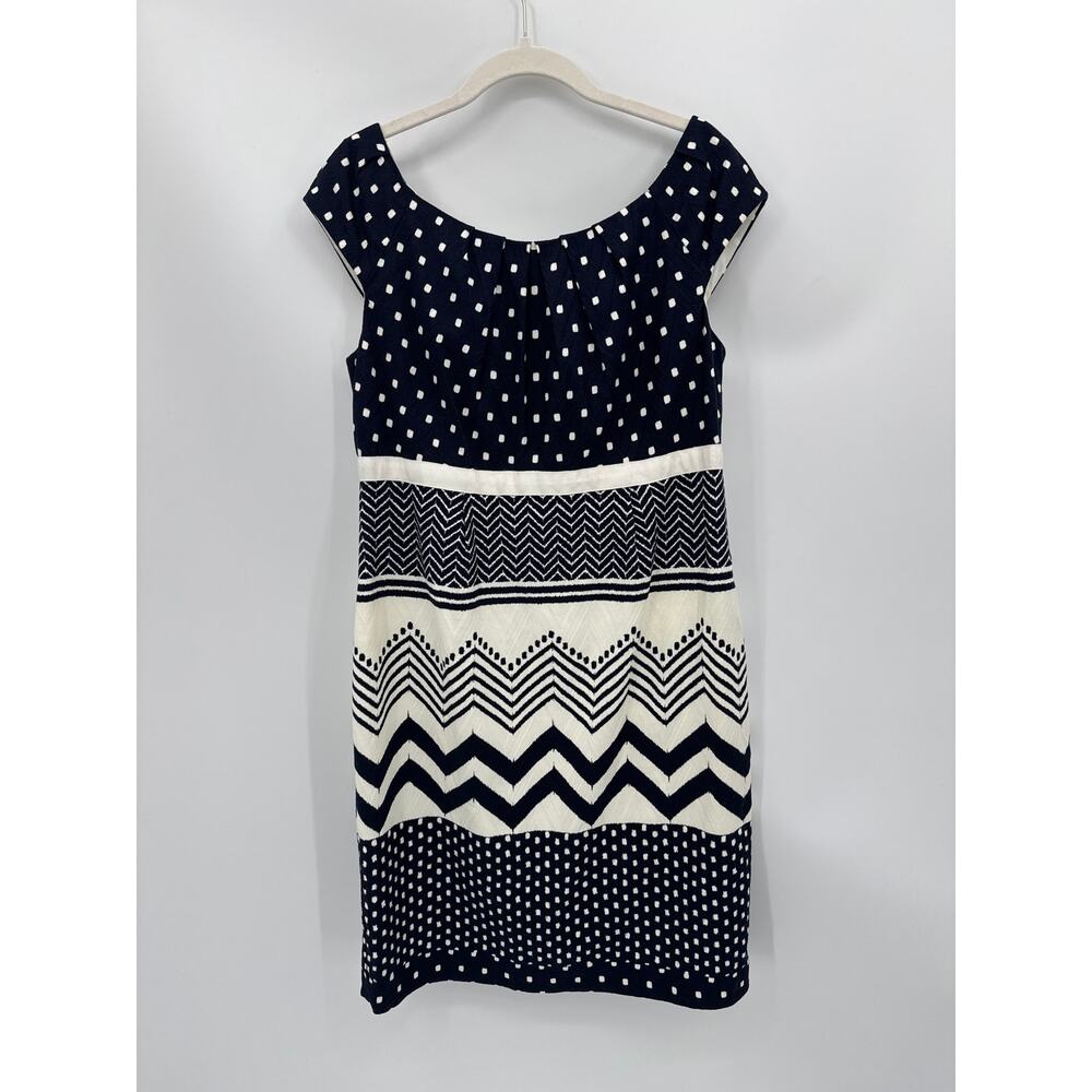 Chetta B Navy Cream Geo Print Cap Sleeve Sheath Dress Size 8 Excellent Condition - Picture 2 of 6